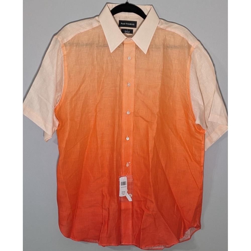 NWT Paul Fredrick Pure Linen Camp Shirt Men L Orange Button Down Classic Fit
